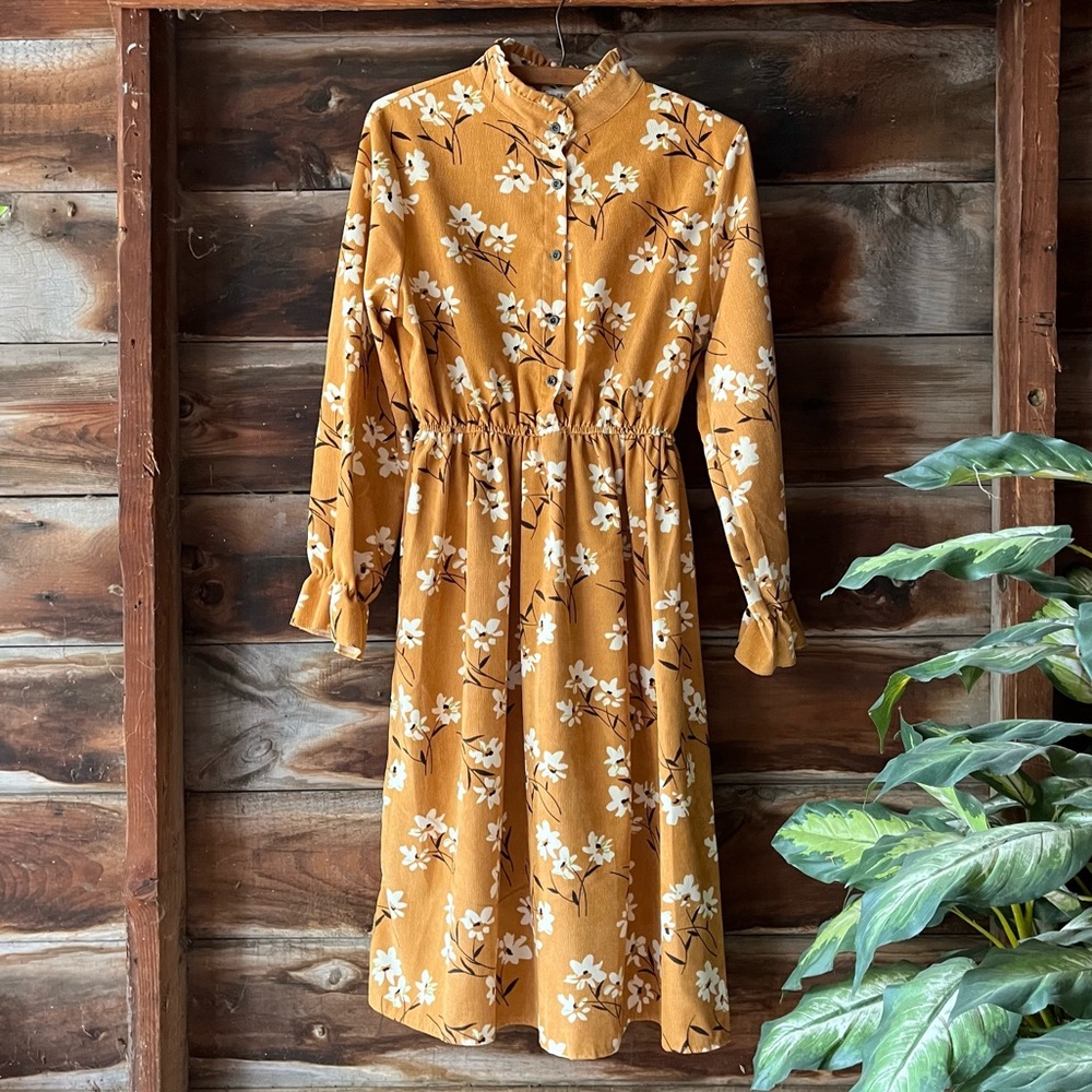 Corduroy high collar dress XL floral ochre gold yellow mustard elastic waist